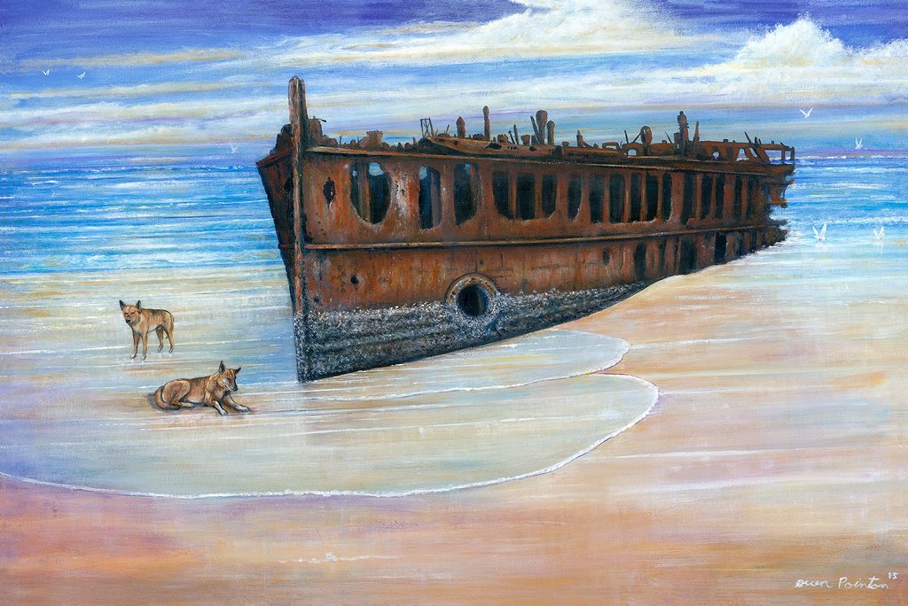Owen Pointon's painting, titled Dingoes Guard the Wreck, is on display at Happy Valley Resort on Fraser Island. Owen Pointon's painting, titled Dingoes Guard the Wreck, is on display at Happy Valley Resort on Fraser Island.